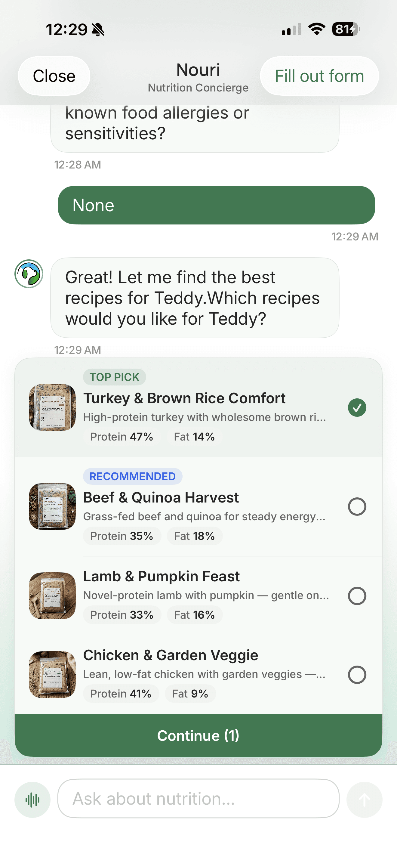 Nouri AI nutrition concierge chat