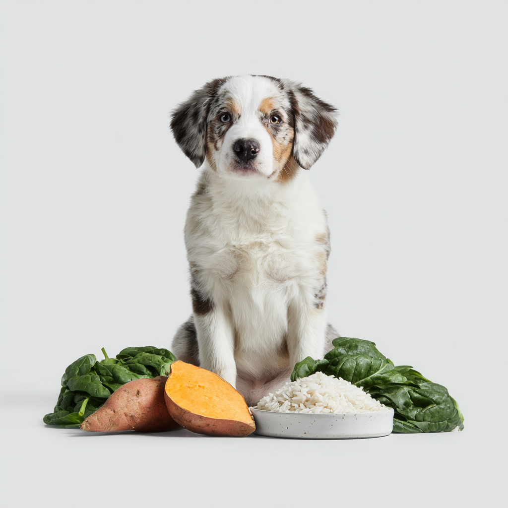 Adorable puppy with fresh natural ingredients including sweet potato, rice, and leafy greens for premium dog nutrition